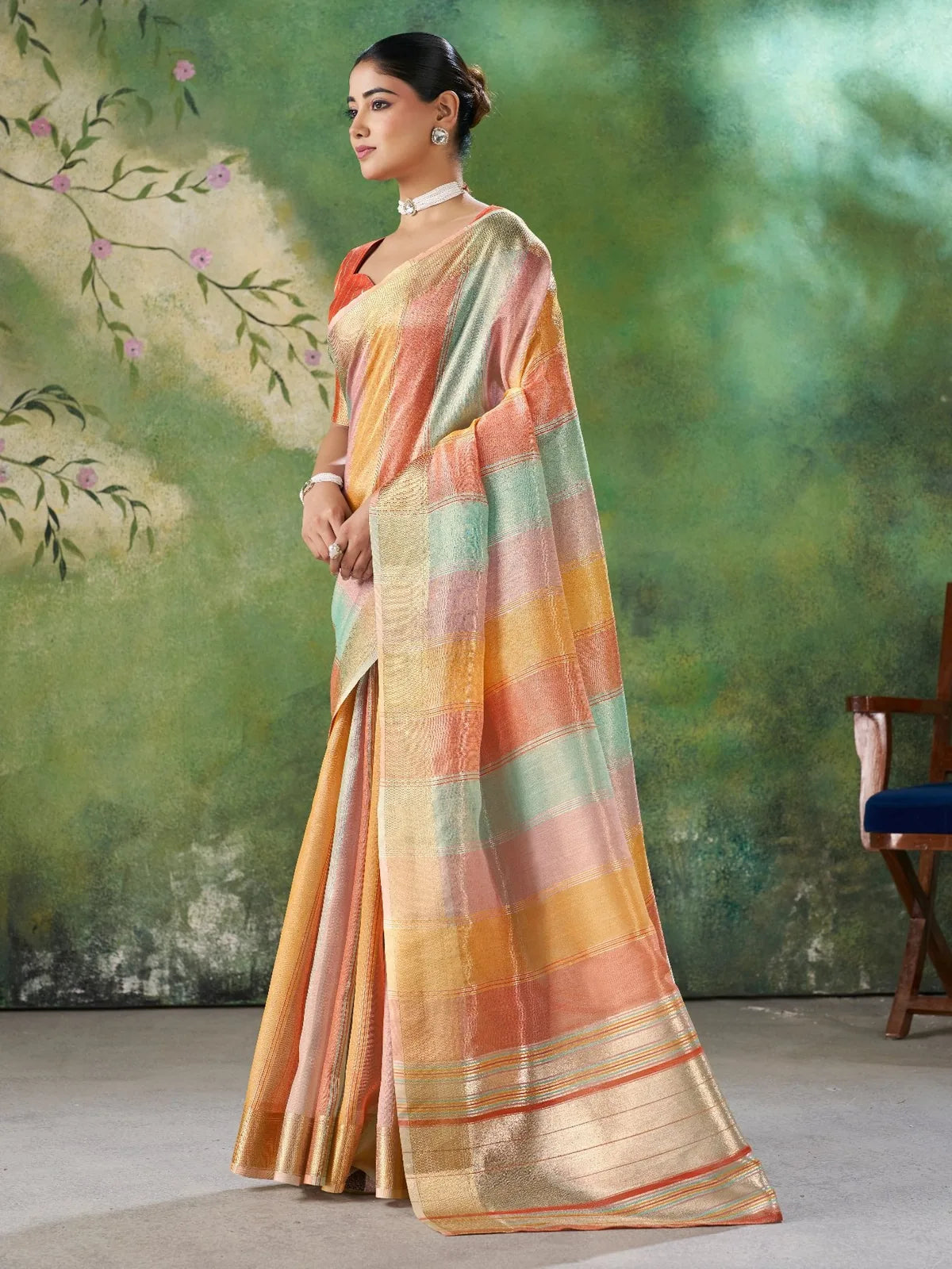 Tarani soft linan cotton silk peach saree side view showcasing elegant drape and zari work