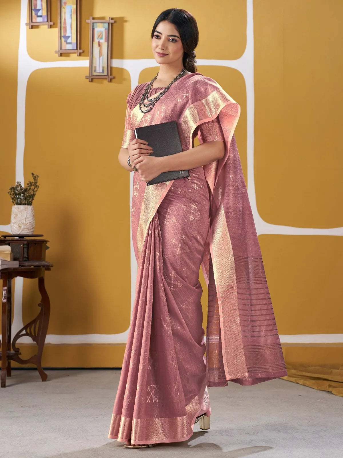 Tarani pink zari work saree elegant side drape view