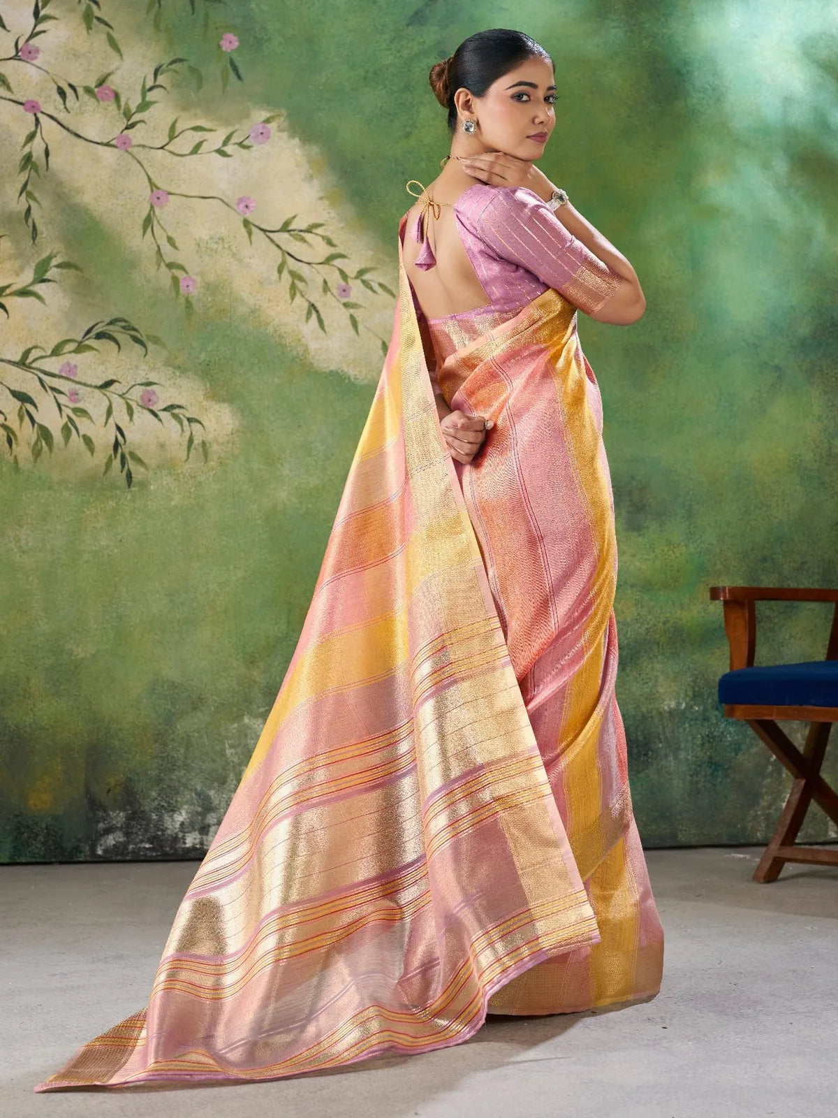 Tarani purple soft linan cotton silk saree back view blouse design with zari work