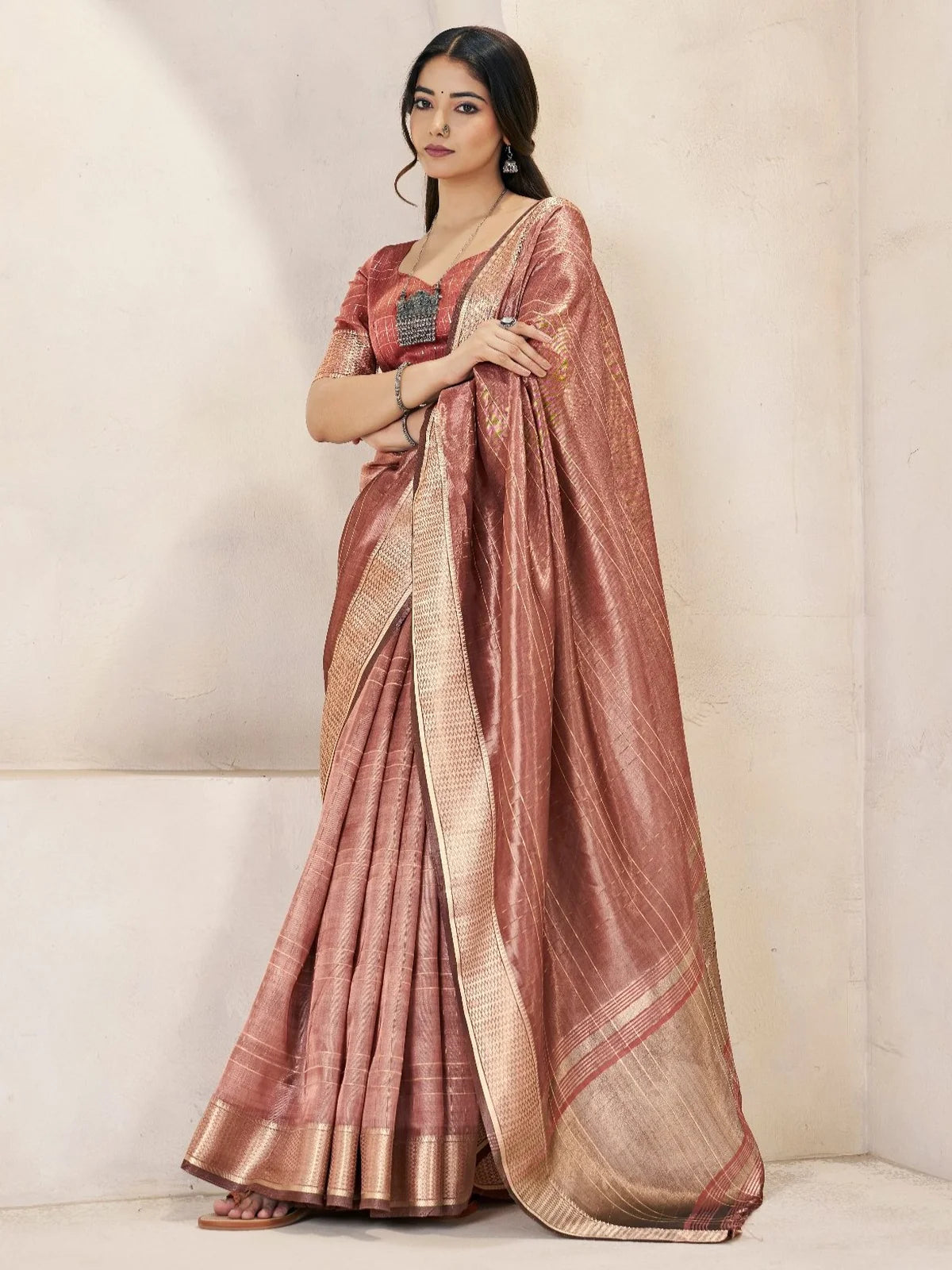 Tarani Amala soft linan cotton silk saree front view with elegant woven zari design