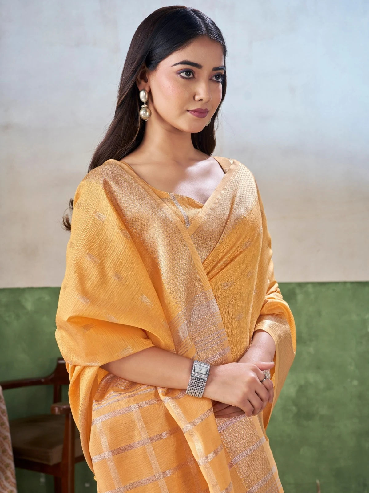 Tarani yellow linen cotton silk saree pallu and border close view with zari weaving work