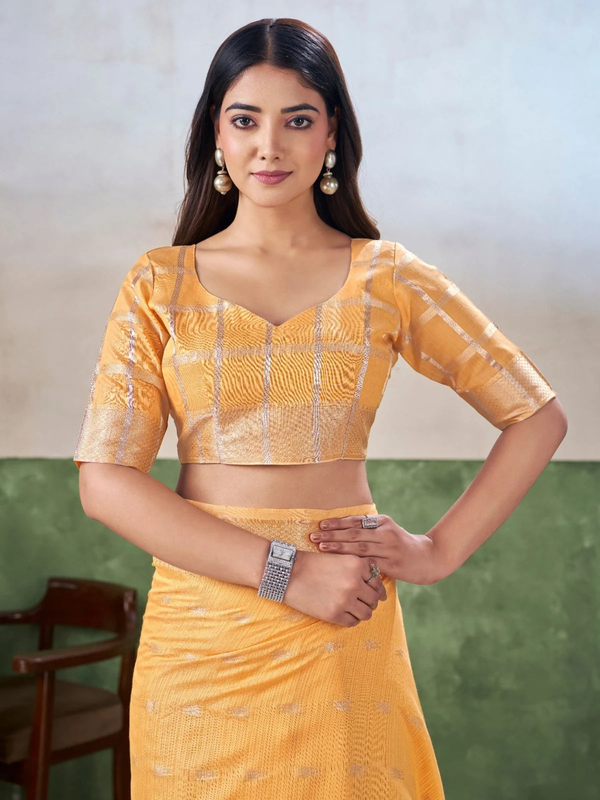 Tarani yellow linen cotton silk saree blouse design upper body view with zari woven detailing