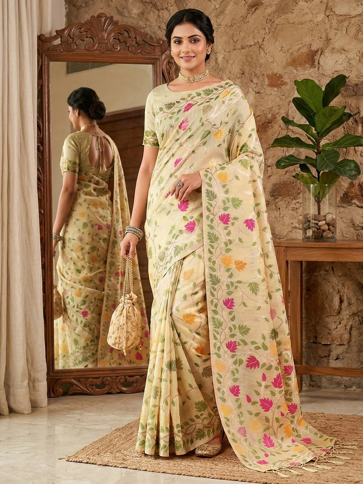 Tarani beige linen cotton saree with floral weave front full view for party and festive wear Divyanka