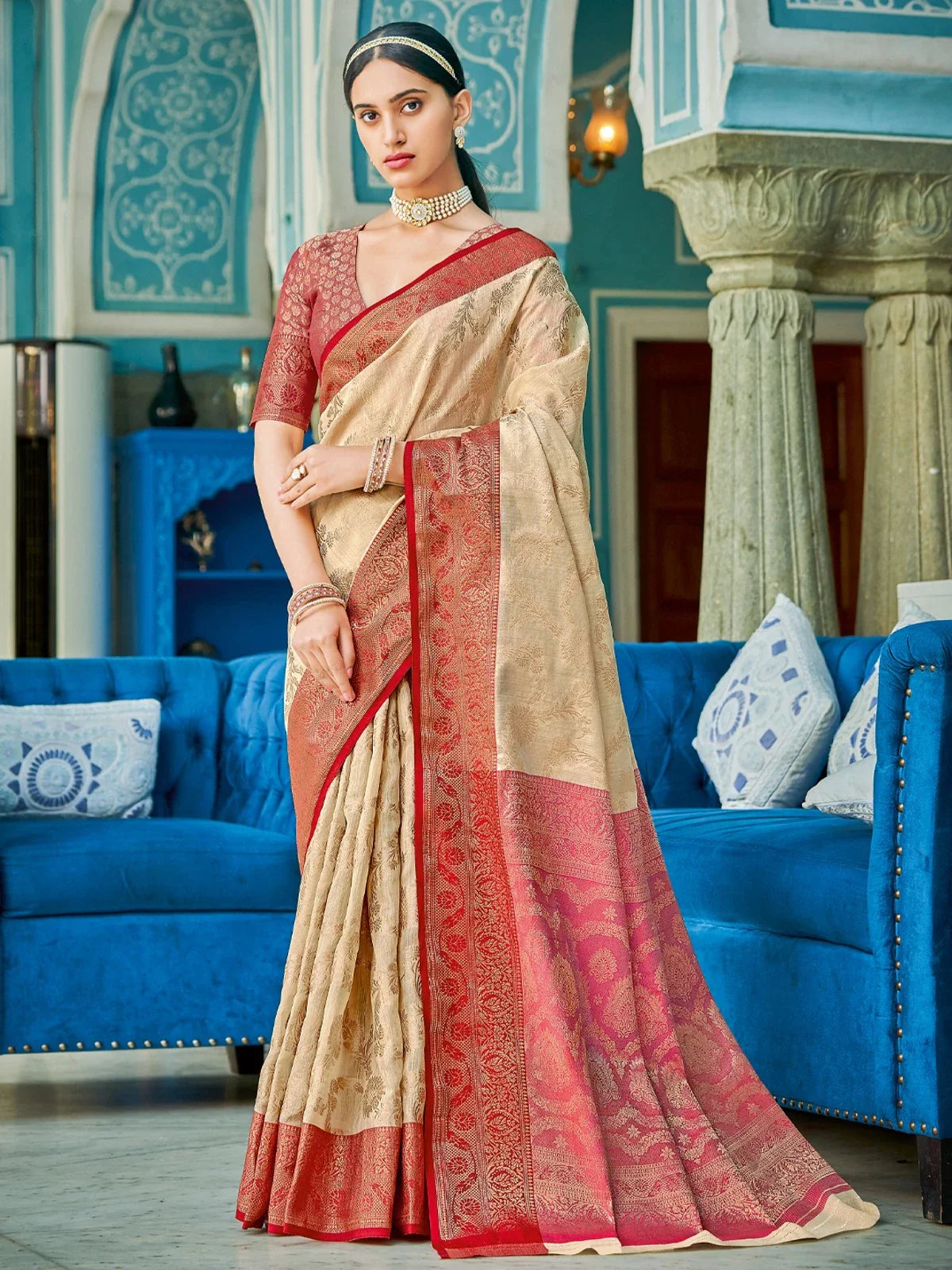 Tarani premium beige and red linen cotton saree with contrast border and elegant pallu for festive wear