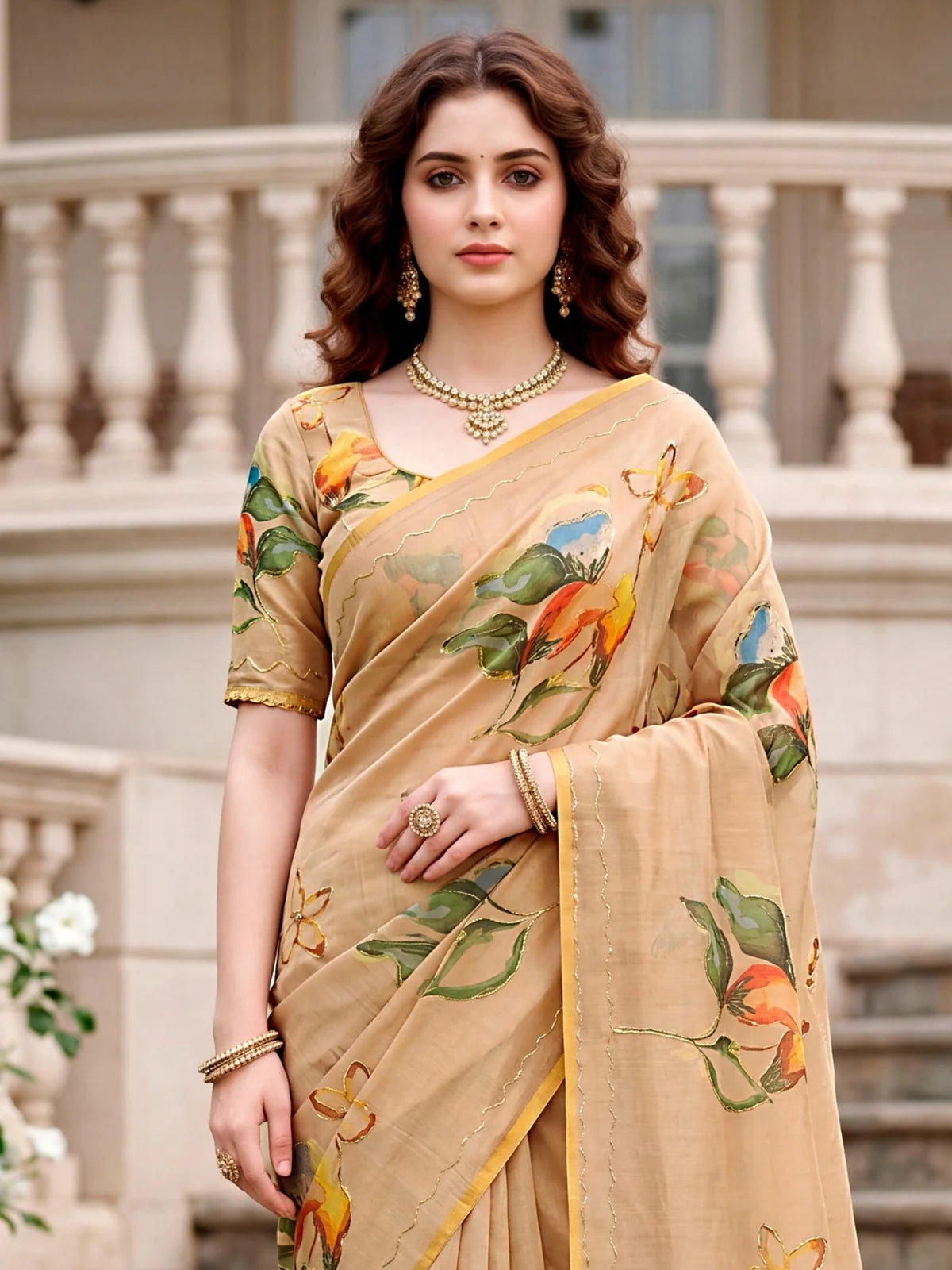 Tarani Phalguni beige linen cotton saree upper body view with floral print Aari work blouse and elegant drape