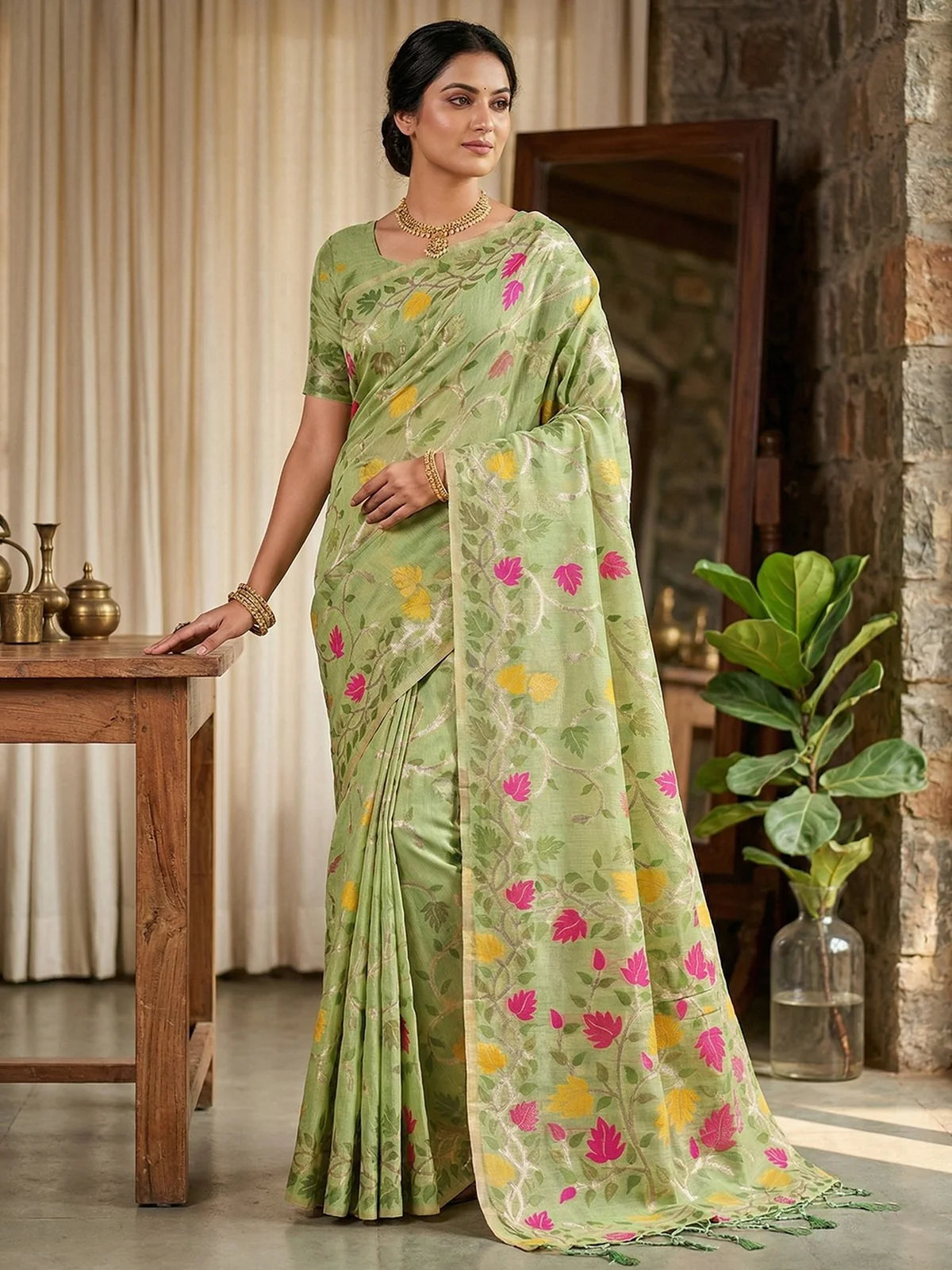 Tarani Gunjita green Linen Cotton saree full view with floral woven design for festive and wedding wear