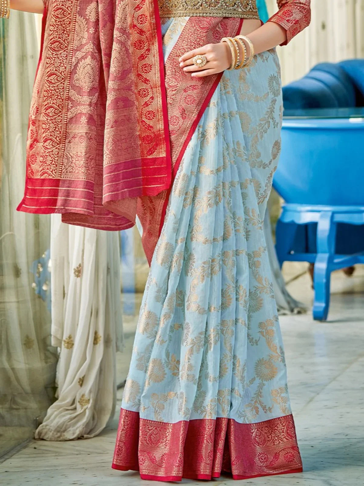 Tarani linen cotton saree front view highlighting the elegant drape and woven pallu
