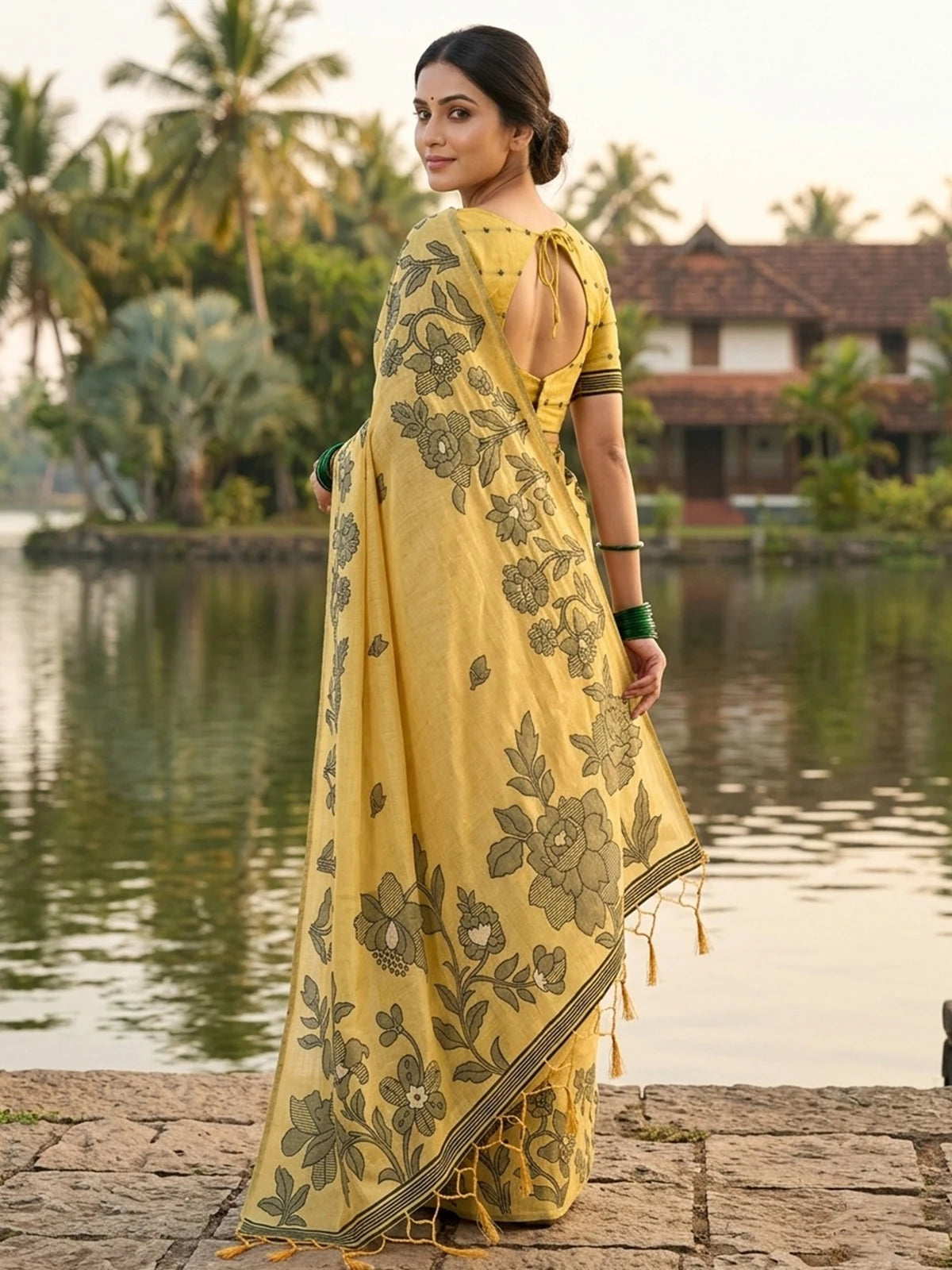 Tarani mustard linen cotton saree back view featuring blouse design floral motifs and tassel pallu