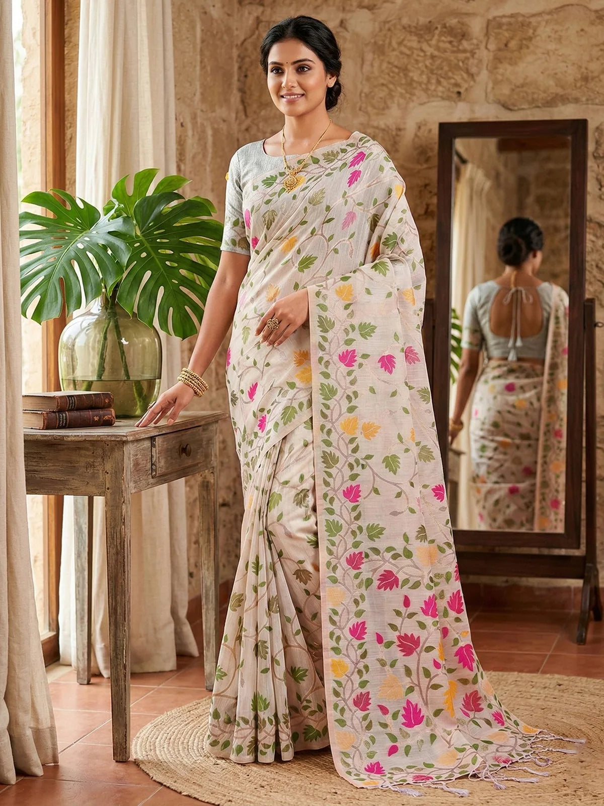 Tarani Nayesha linen cotton off white floral saree front view with blouse piece