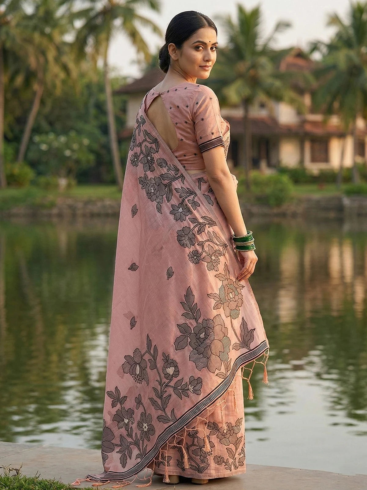 Tarani peach linen cotton printed saree back view with blouse design and floral border