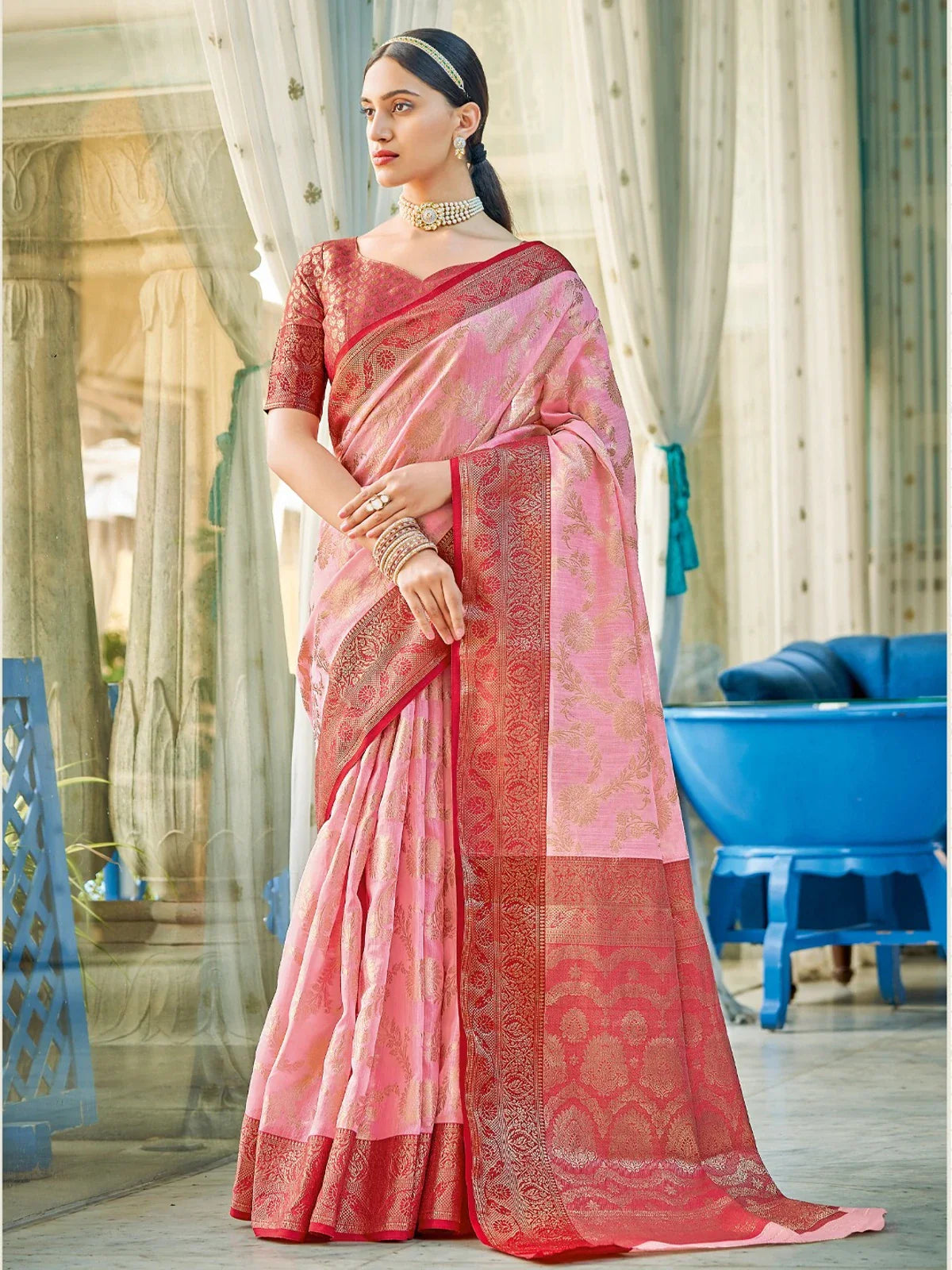Tarani pink linen cotton saree with contrast maroon border and pallu for festive and party wear