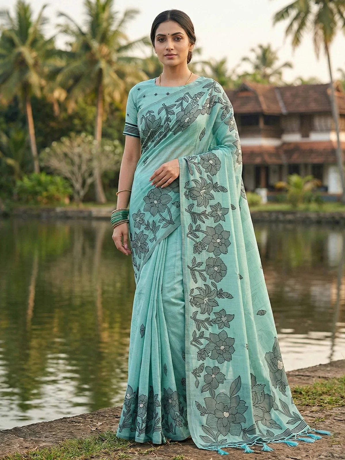 Tarani sea green linen cotton printed saree with blouse piece front full view for festive and party wear