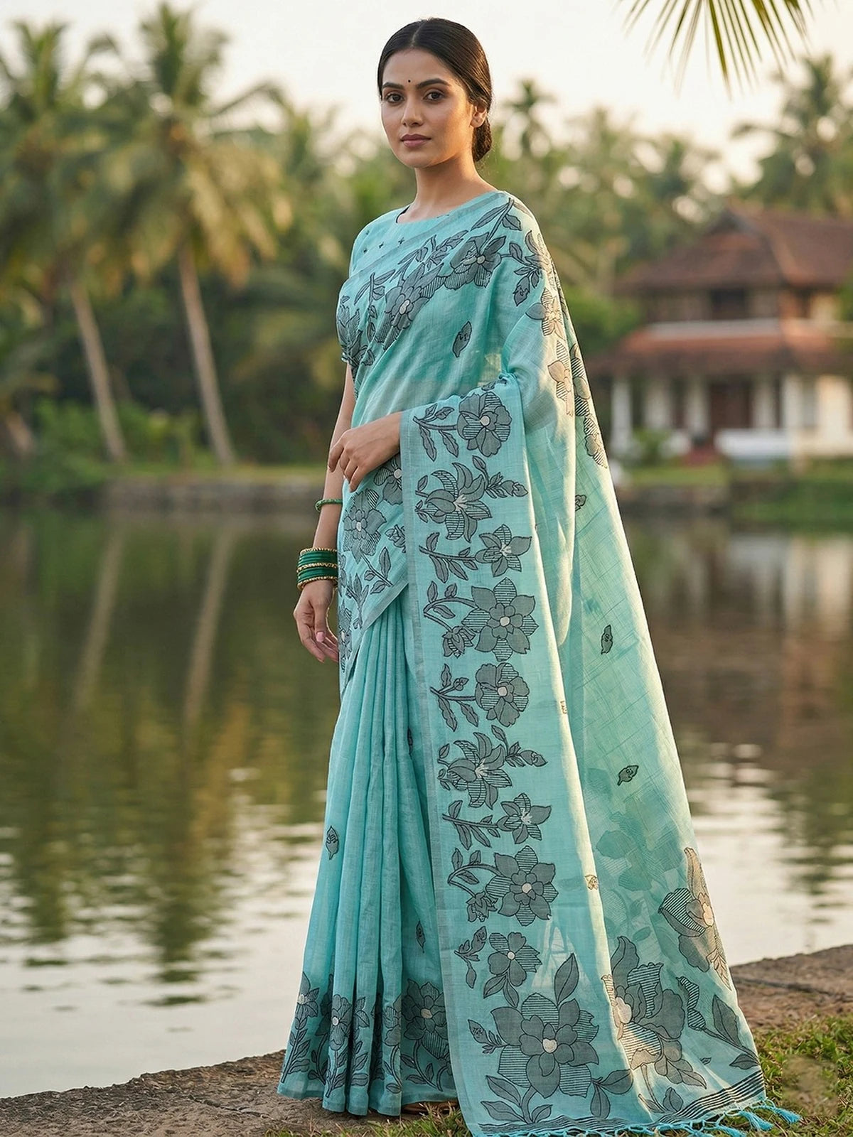 Tarani sea green linen cotton printed saree elegant side view with floral pallu and blouse