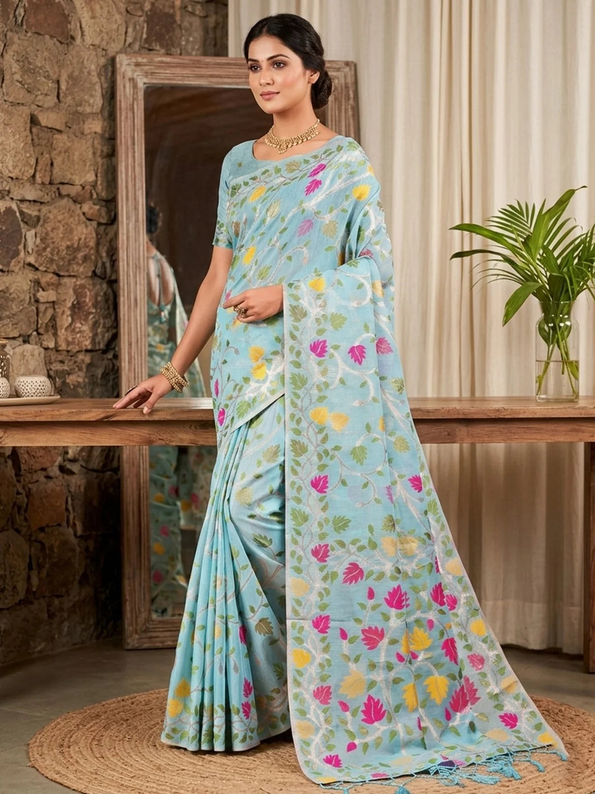Tarani Sunanda sky blue linen cotton saree with floral woven design front full view for festive and wedding wear