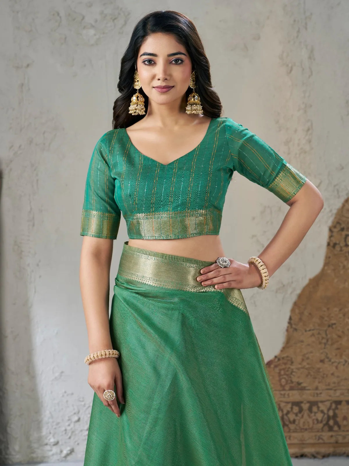 Tarani green linen cotton silk saree blouse design upper body view with zari detailing