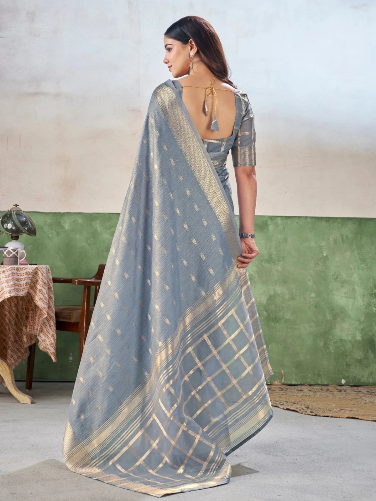 Tarani grey blue soft linen cotton silk saree back view highlighting pallu and border