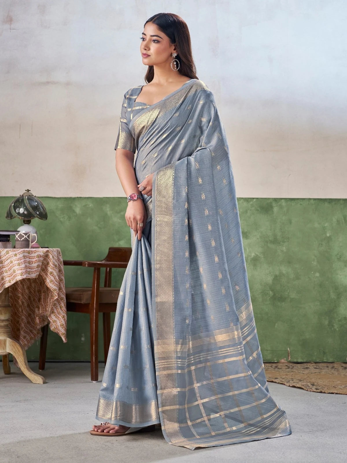 Tarani grey blue wedding wear linen cotton silk saree front drape view with zari border