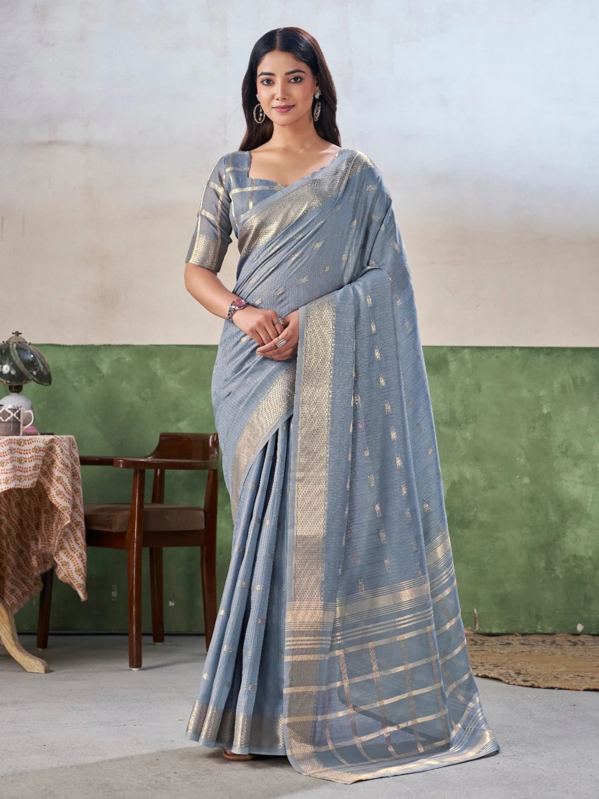 Tarani grey blue soft linen cotton silk saree with zari weaving work full front view