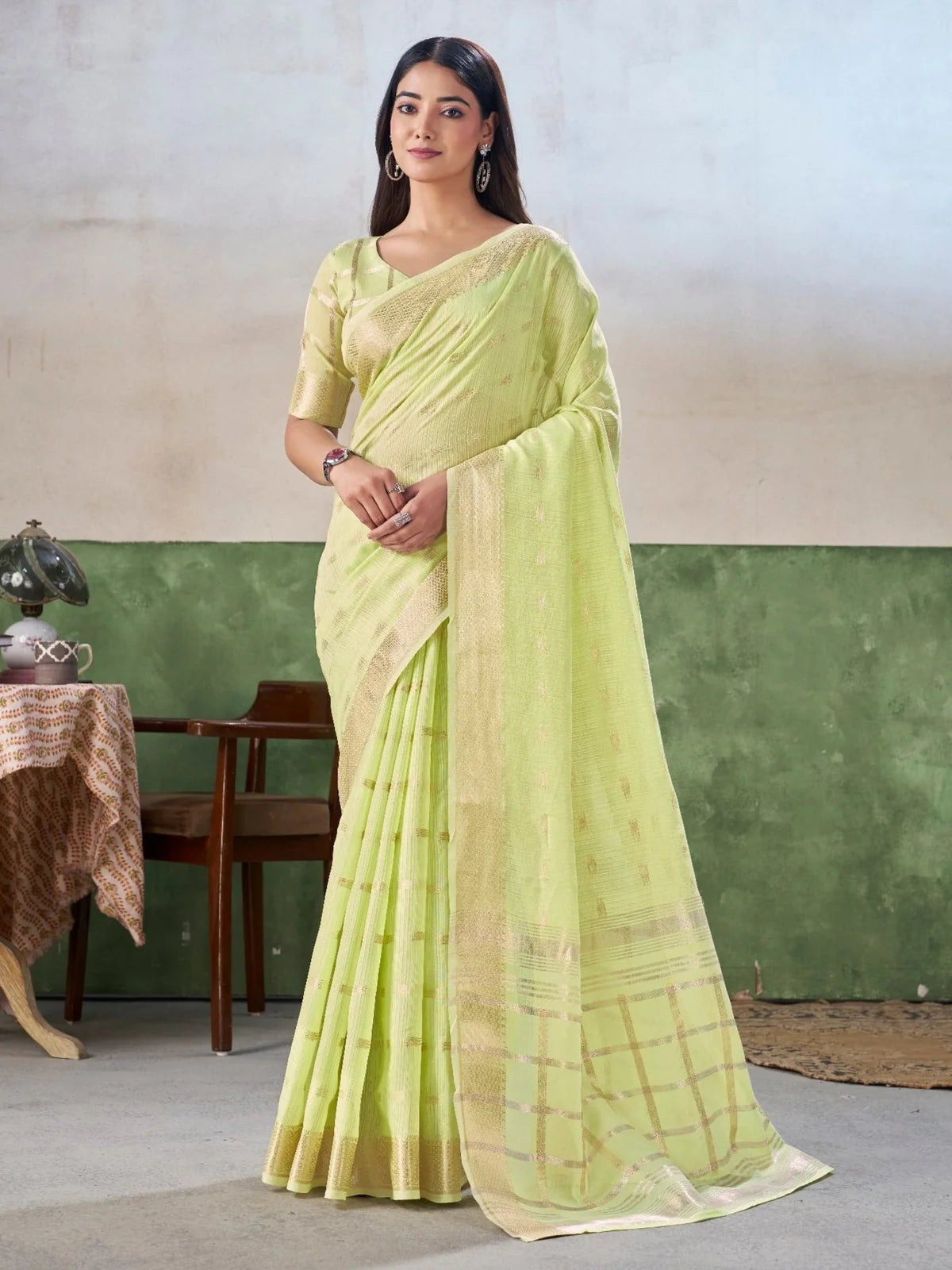Tarani Navya light green linen cotton silk saree with zari weaving work full view