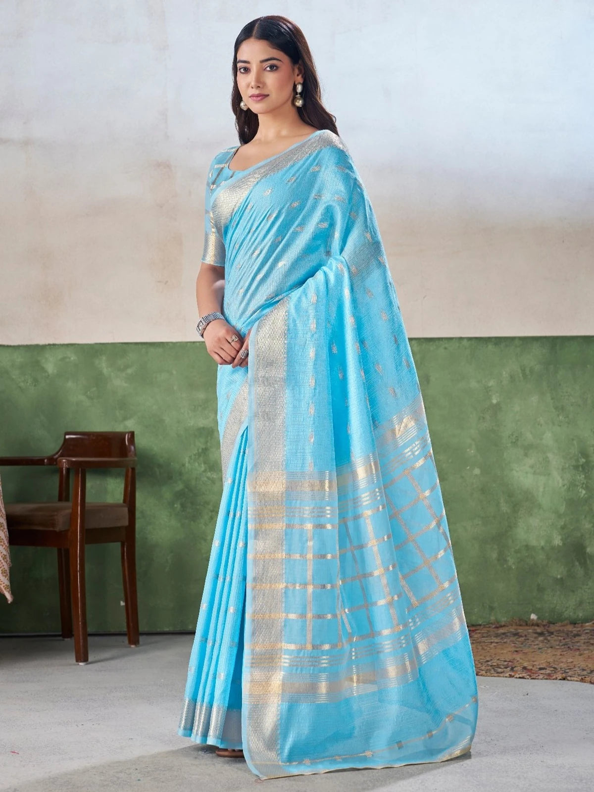 Tarani sky blue soft linen cotton silk saree with zari weaving work and blouse piece full view