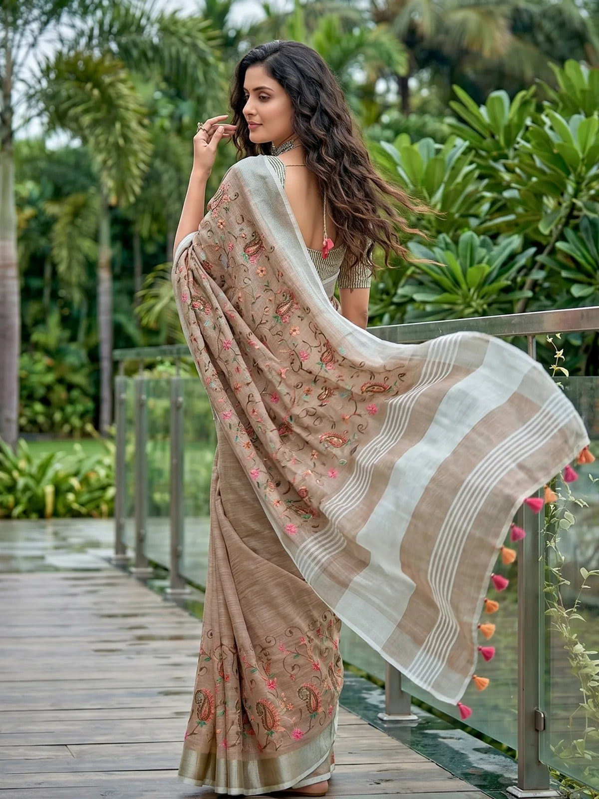 Tarani beige linen saree elegant back drape view