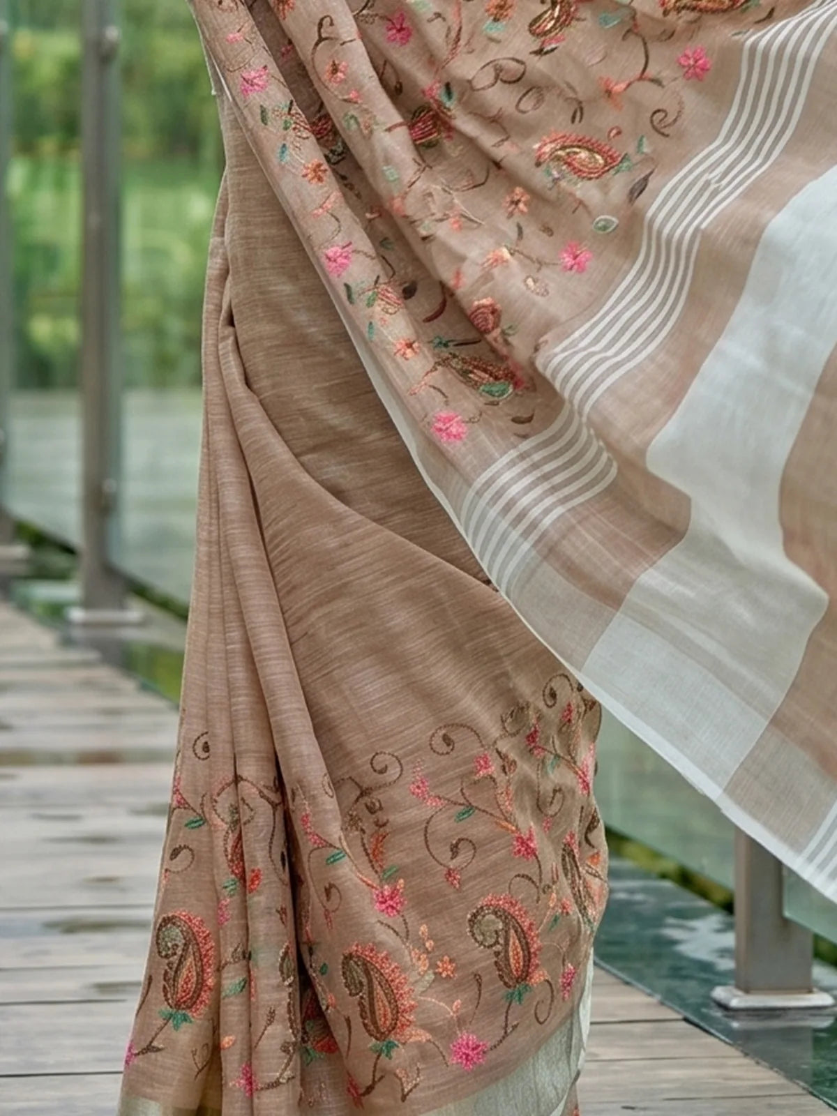 Tarani beige linen saree closeup embroidery and fabric detail