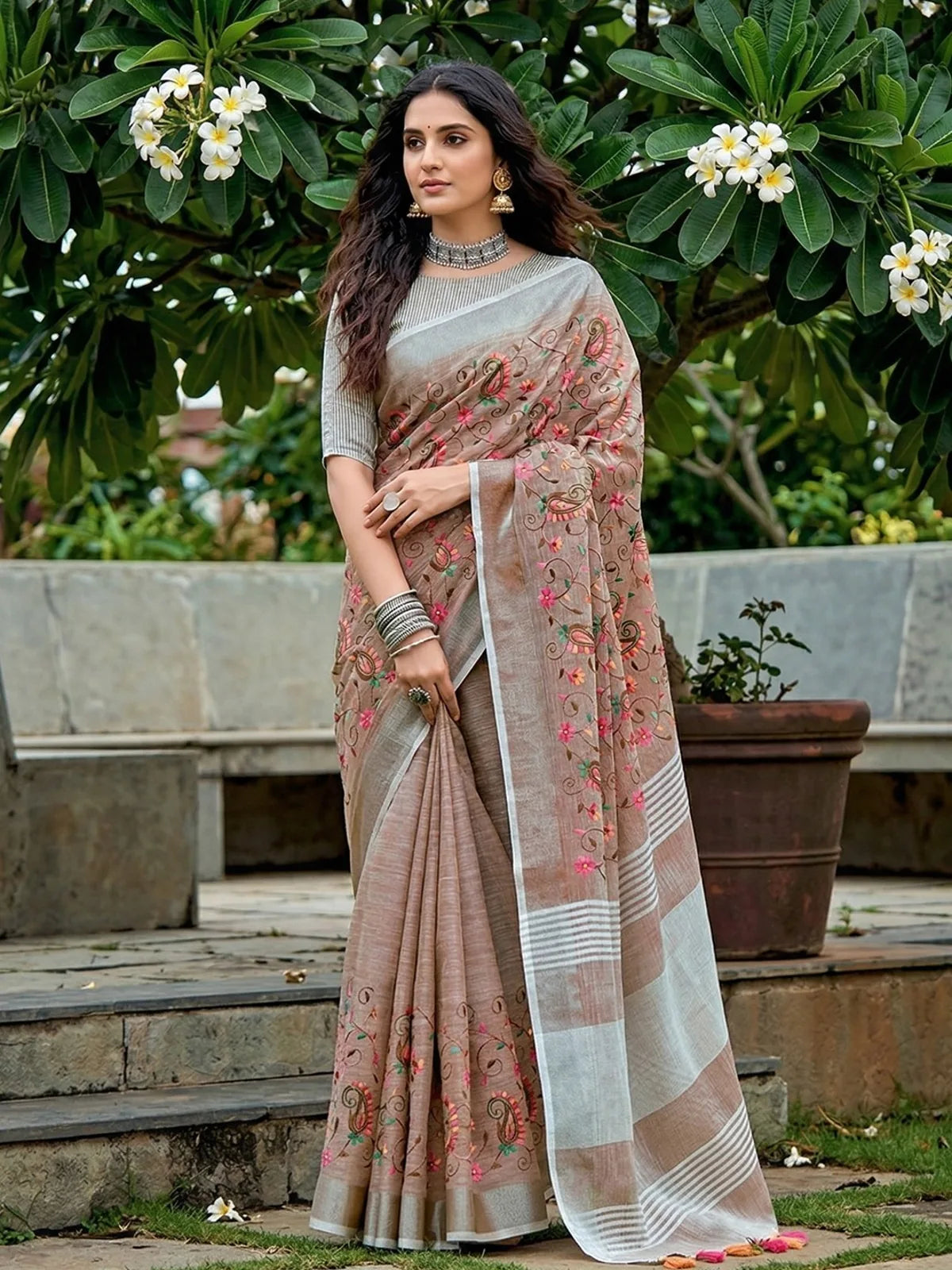 Tarani beige linen saree with Kashmiri embroidery work and matching blouse full front view