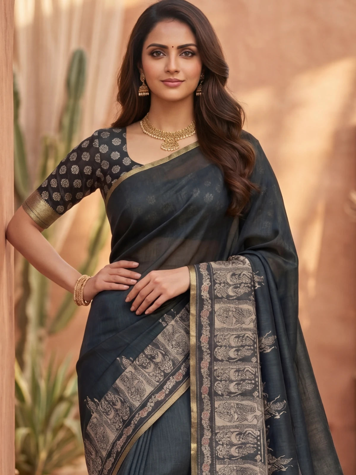 Tarani black soft cotton based linen saree upper body view showing zari border and blouse