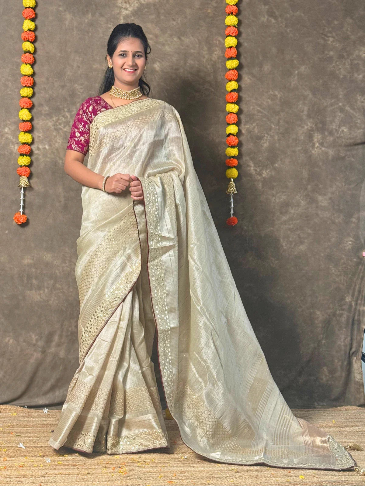 Tarani golden linen silk saree with embroidery festive wear view 1