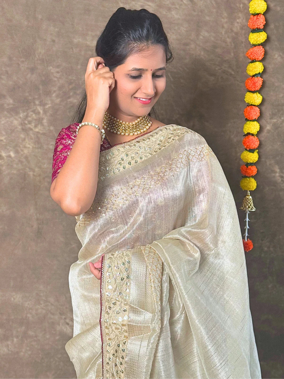 Tarani golden linen silk saree embroidered angle 2