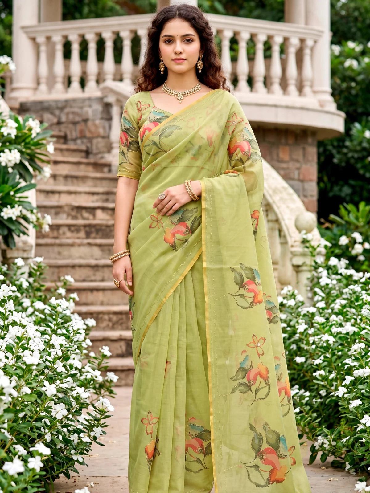 Tarani Aahnika green linen cotton saree with floral print and Aari work full view for festive and party wear