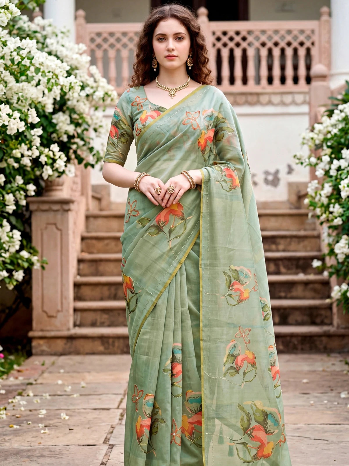 Tarani sage green linen cotton saree full view with floral print and Aari work for festive and party wear