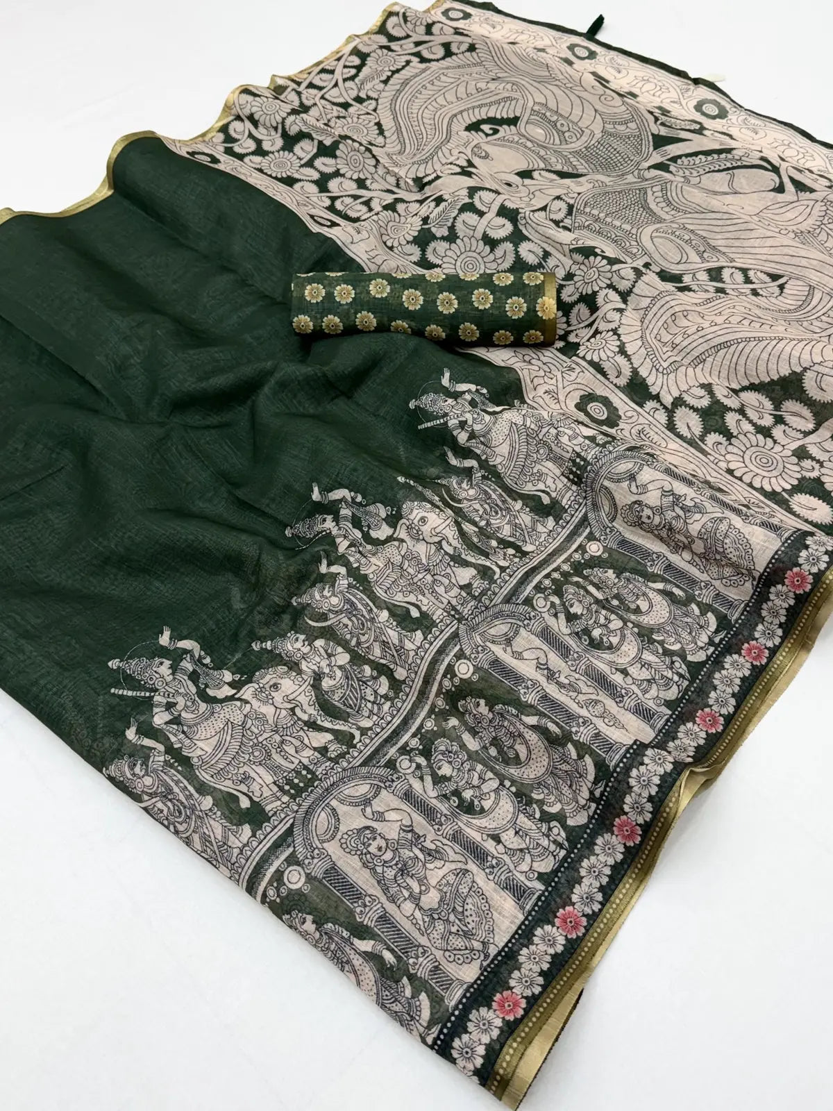 Tarani dark green linen saree pallu with traditional woven border detail