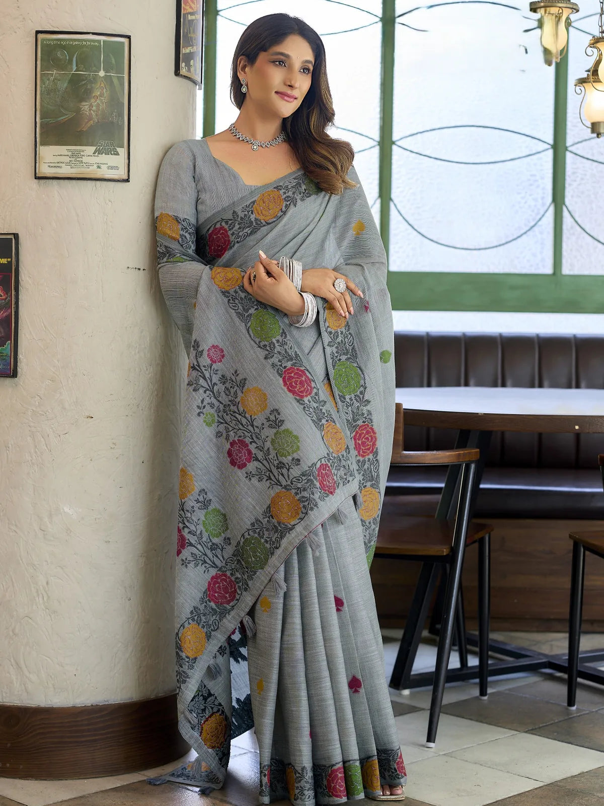 Tarani floral woven grey handloom saree front drape view with designer linen blouse for festive wear