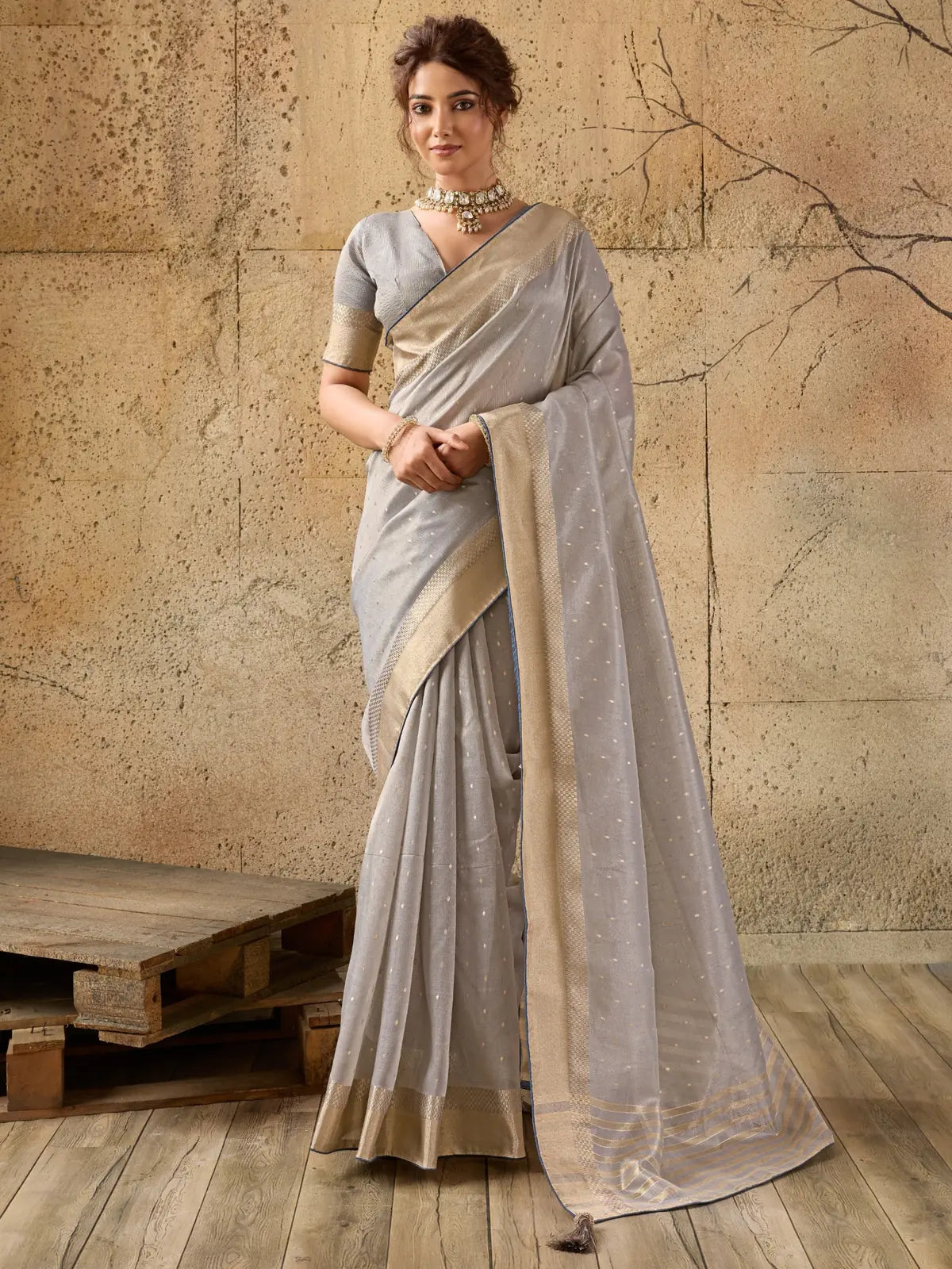 Tarani grey tissue linen saree full view with zari border and woven blouse Indira