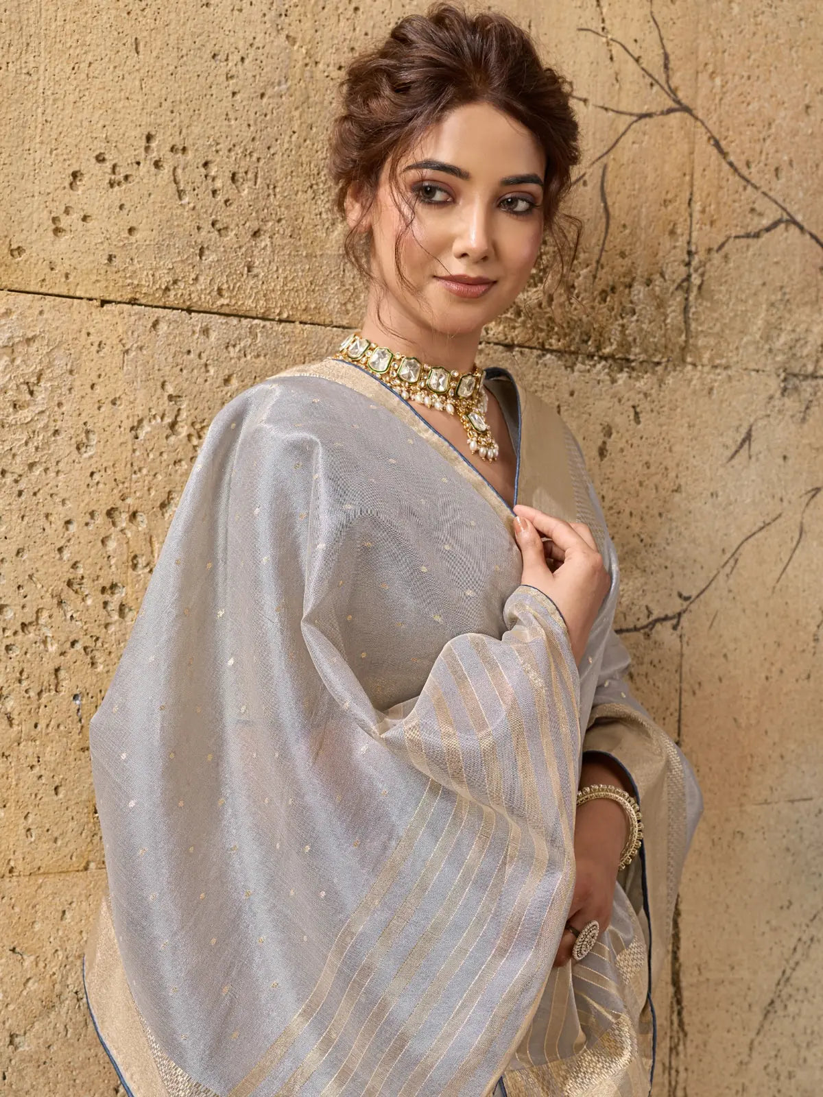 Tarani grey tissue linen saree upper body view showing zari pallu and woven blouse Indira