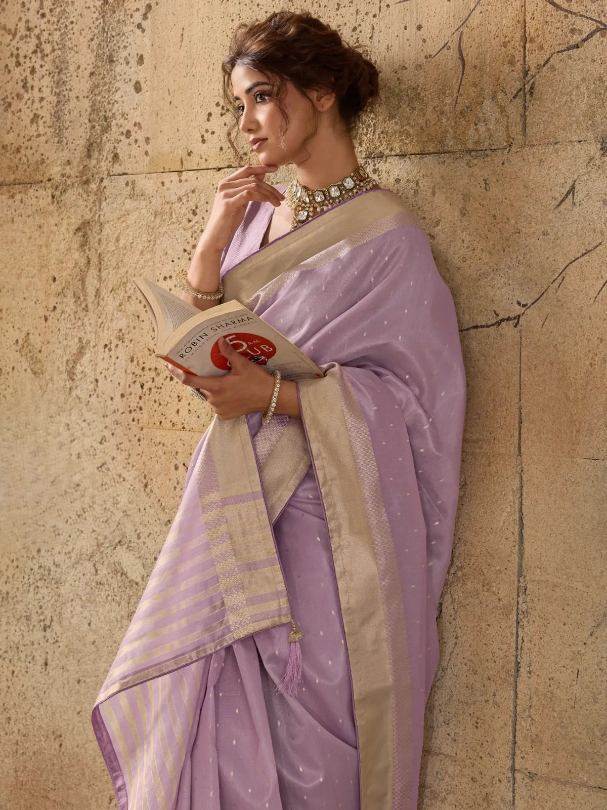 Tarani lavender tissue linen saree with zari border side-view Chetasvi