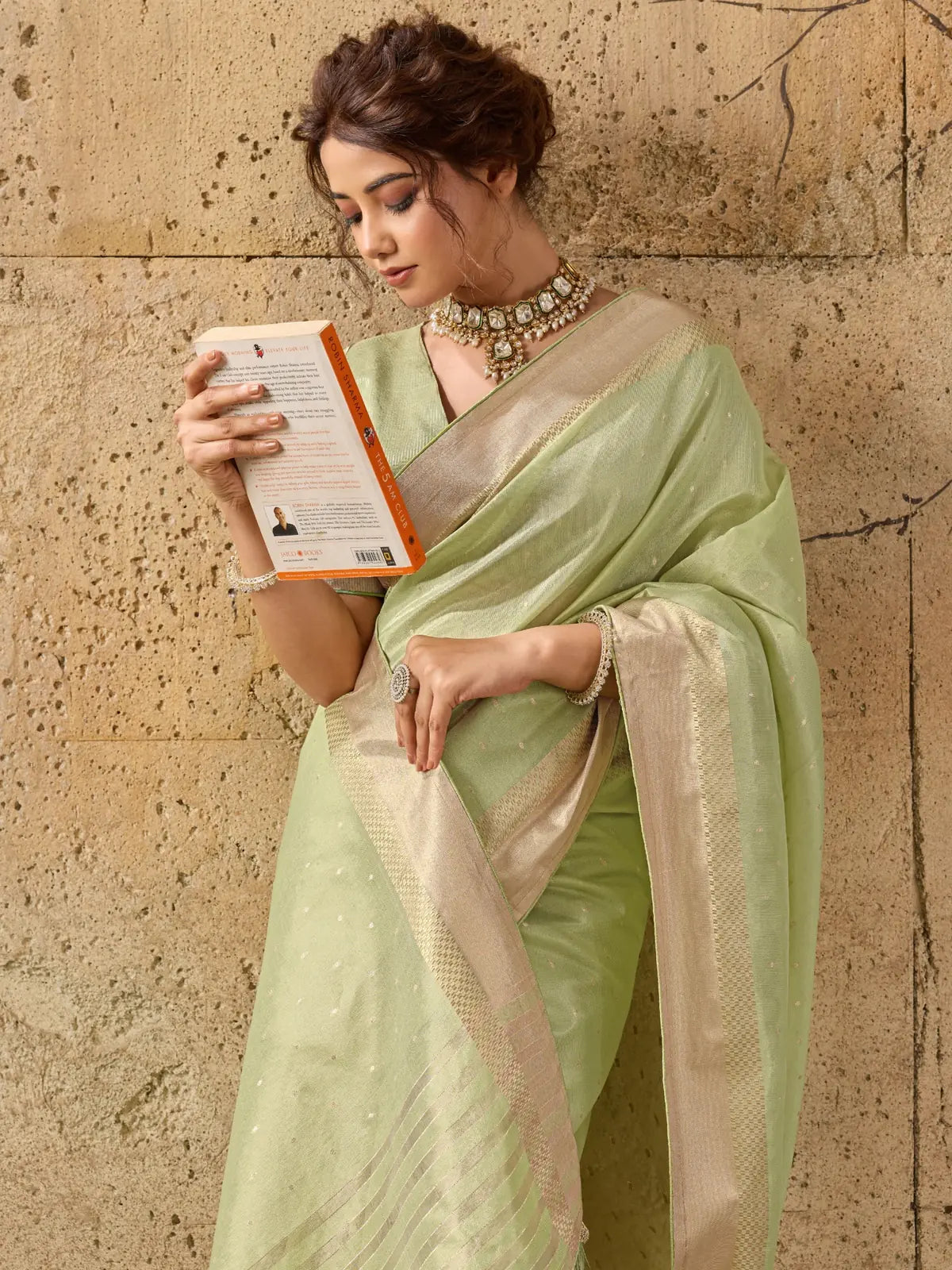 Tarani light green Tissue Linen saree with zari border closeup view
