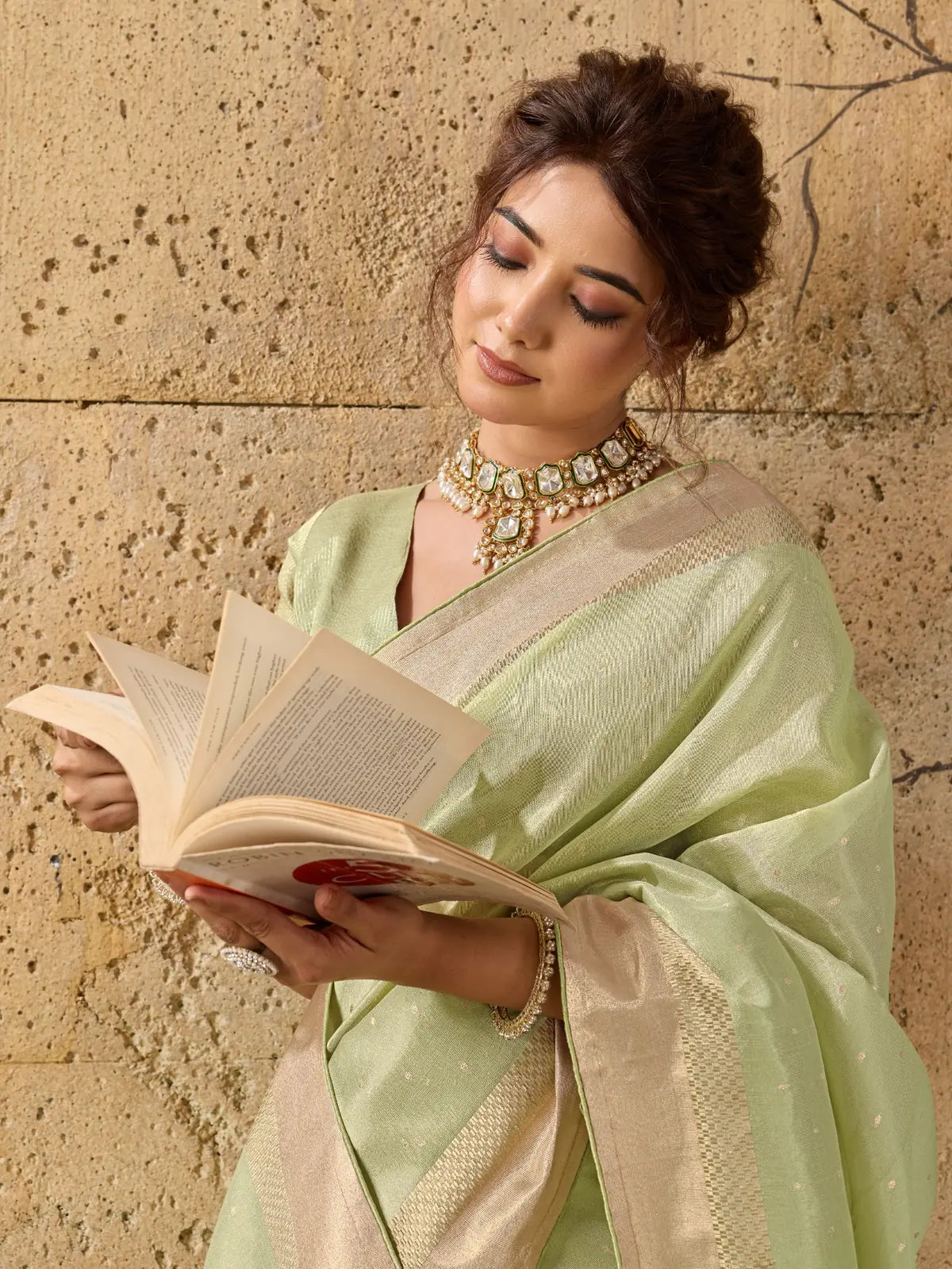 Tarani light green Tissue Linen saree with zari border upper body view