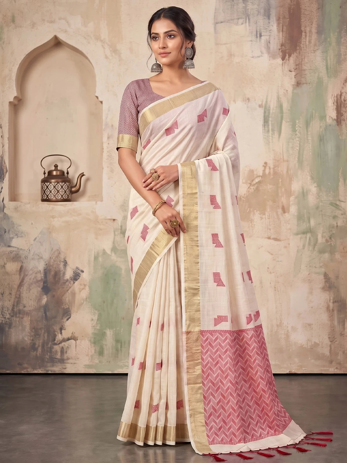 Tarani off white linen cotton saree with geometric woven work and tassels full view