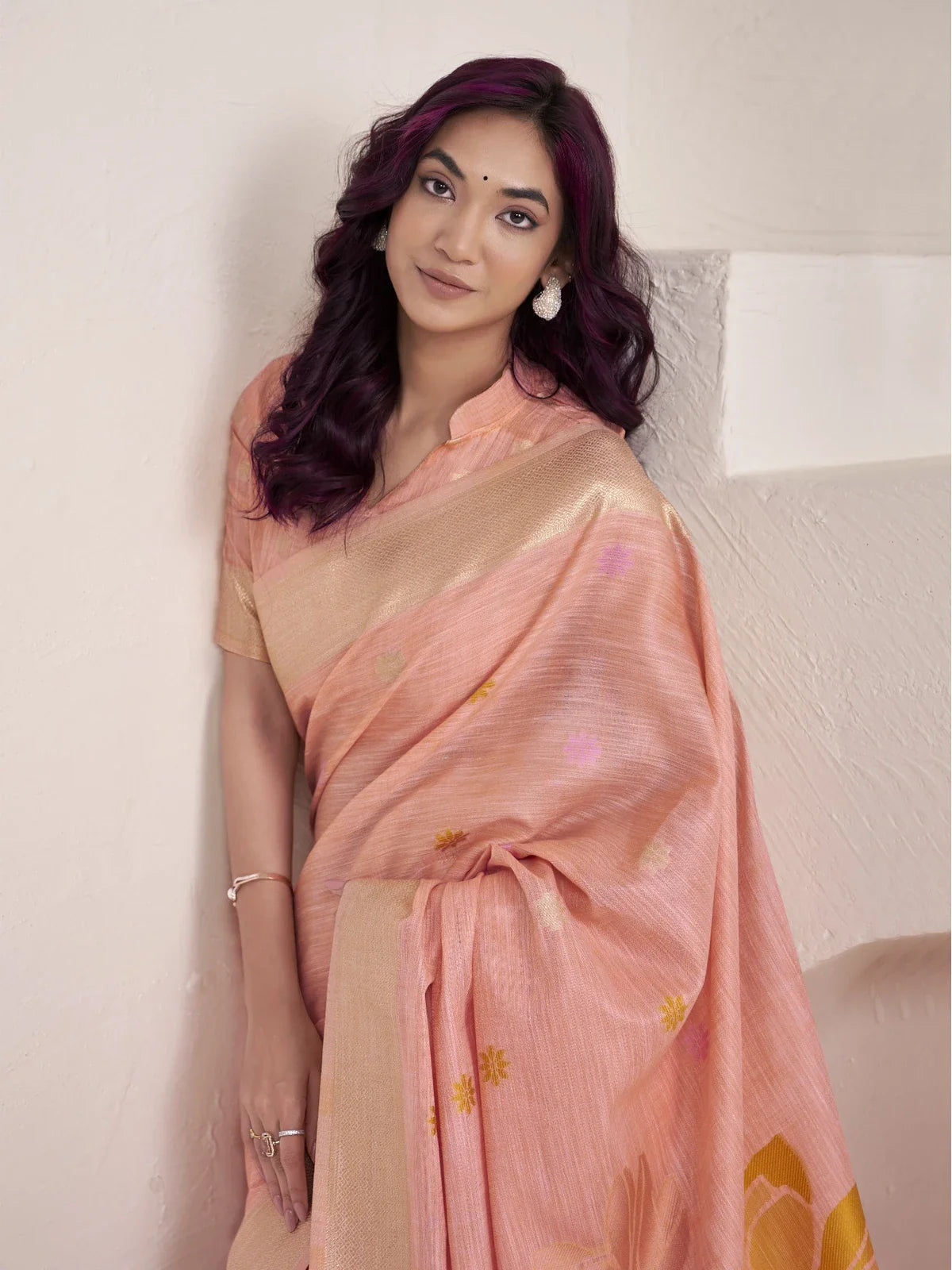 Tarani peach linen saree upper body view with soft texture and blouse detail
