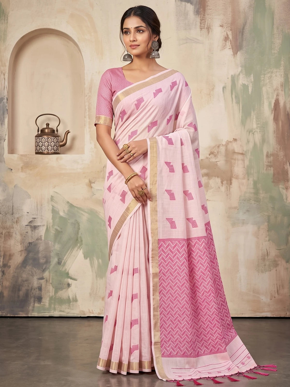 Tarani light pink linen cotton saree with geometric woven work full front view