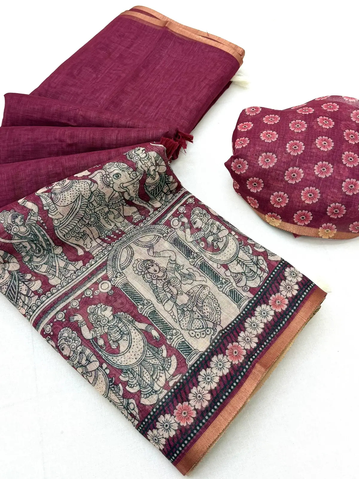 Tarani wine soft cotton based linen saree with zari border blouse-view