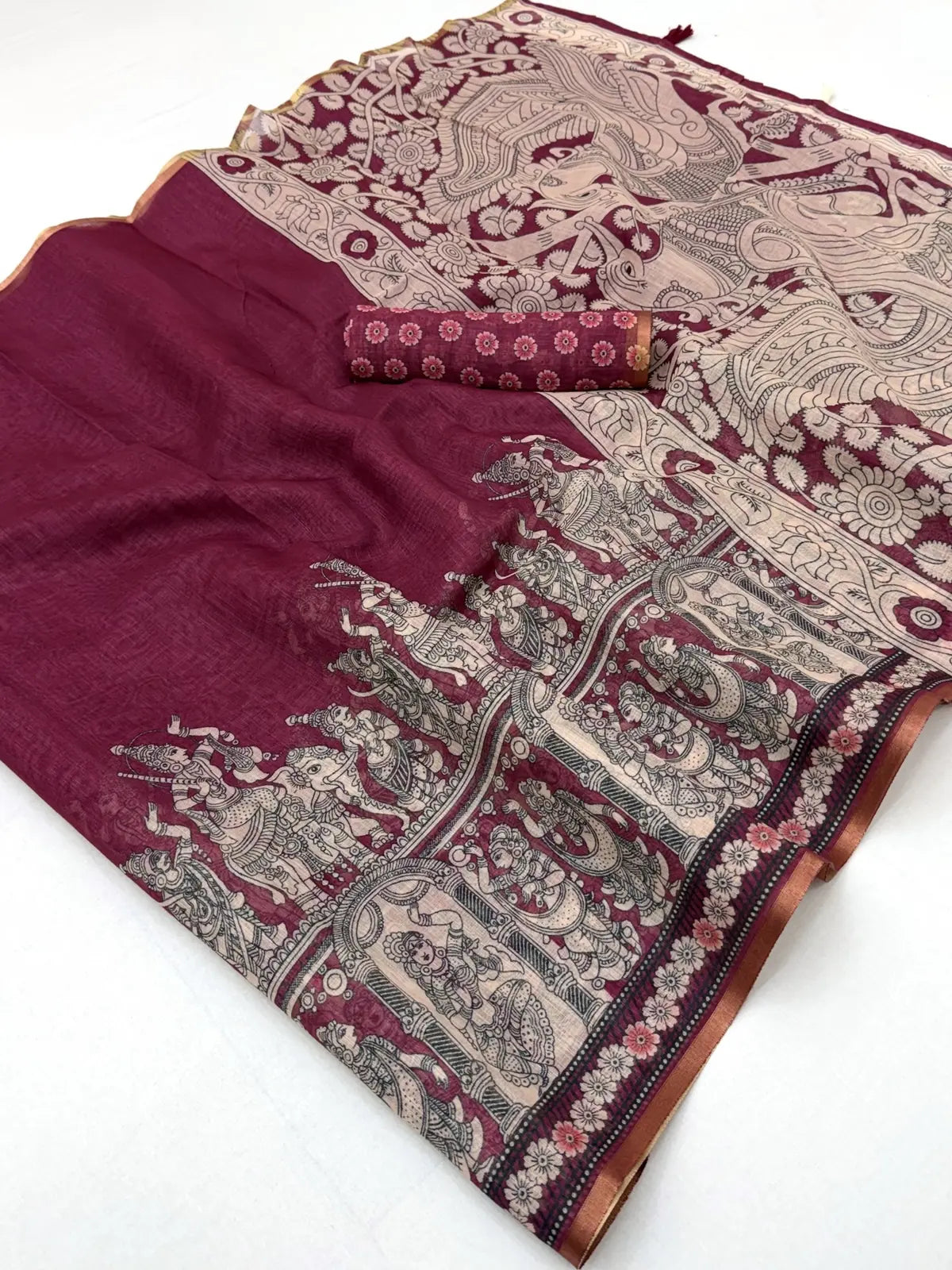 Tarani wine soft cotton based linen saree with zari border pallu-view