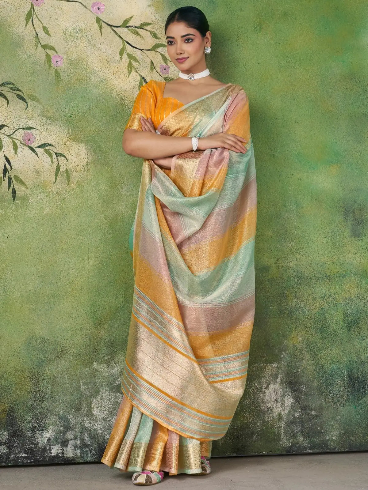 Tarani mustard linen cotton silk saree pallu and border showcase