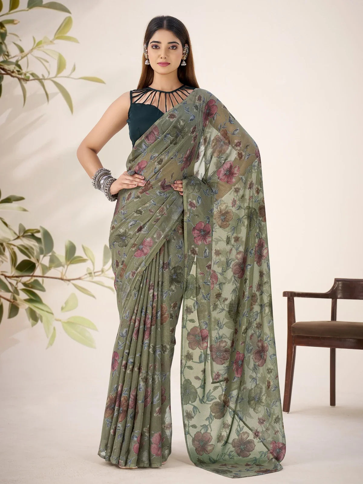 Tarani green floral print lurex brasso saree with elegant drape and soft texture for party wear