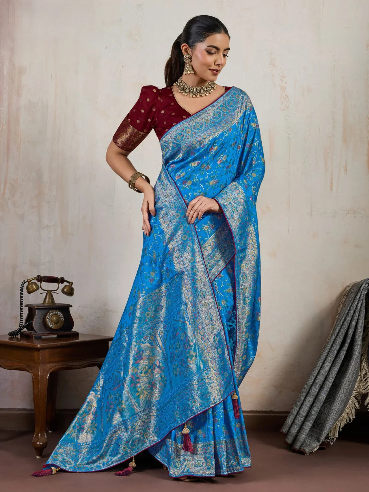 Tarani premium blue Makhmal Soft Silk saree with Meenakari design full view