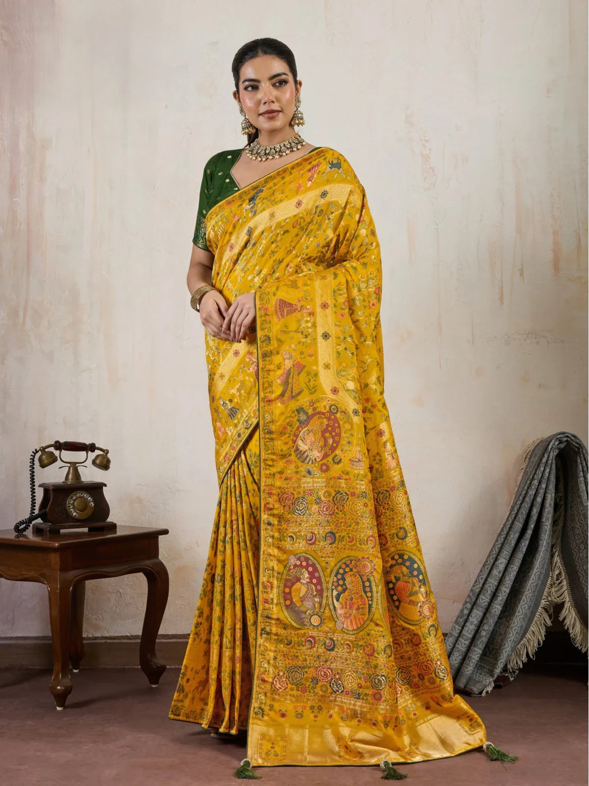 Tarani yellow makhmal soft silk saree with meenakari work and broad pallu for festive wear