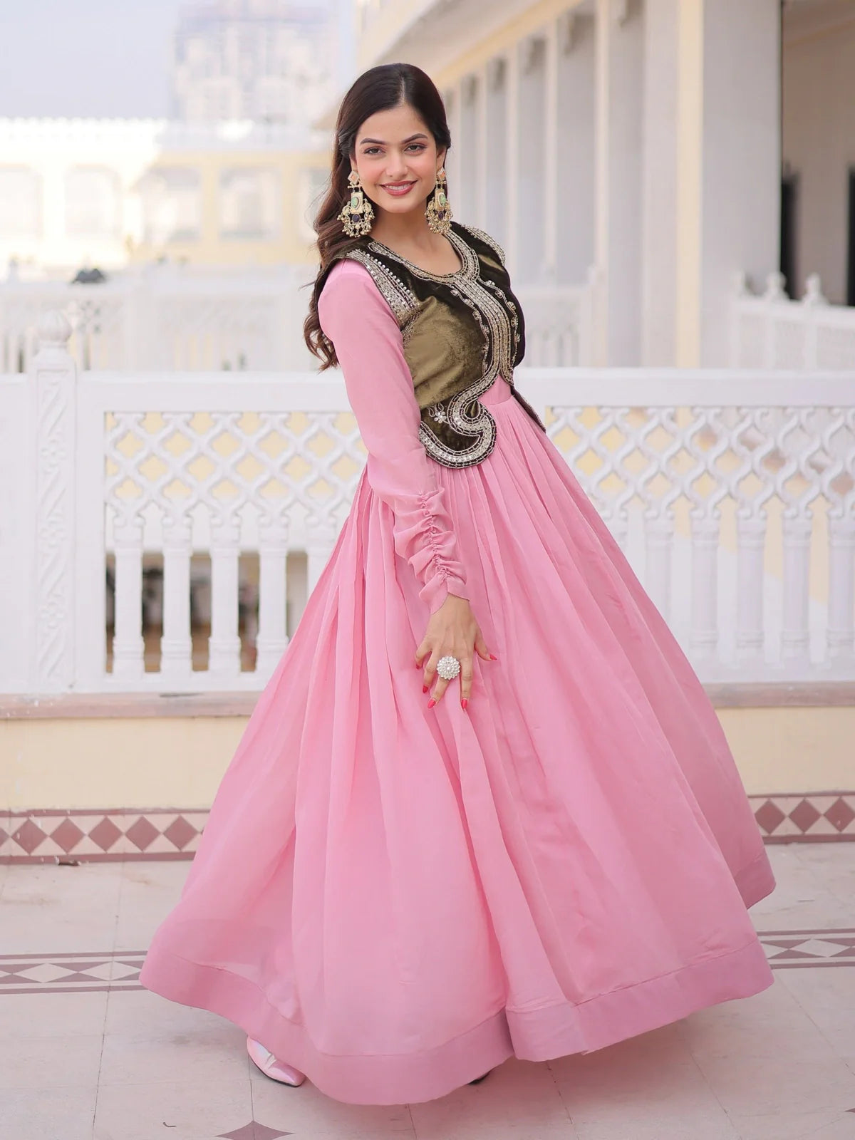 Tarani stylish pink Mal Chanderi gown front view paired with rich sequins embroidered jacket