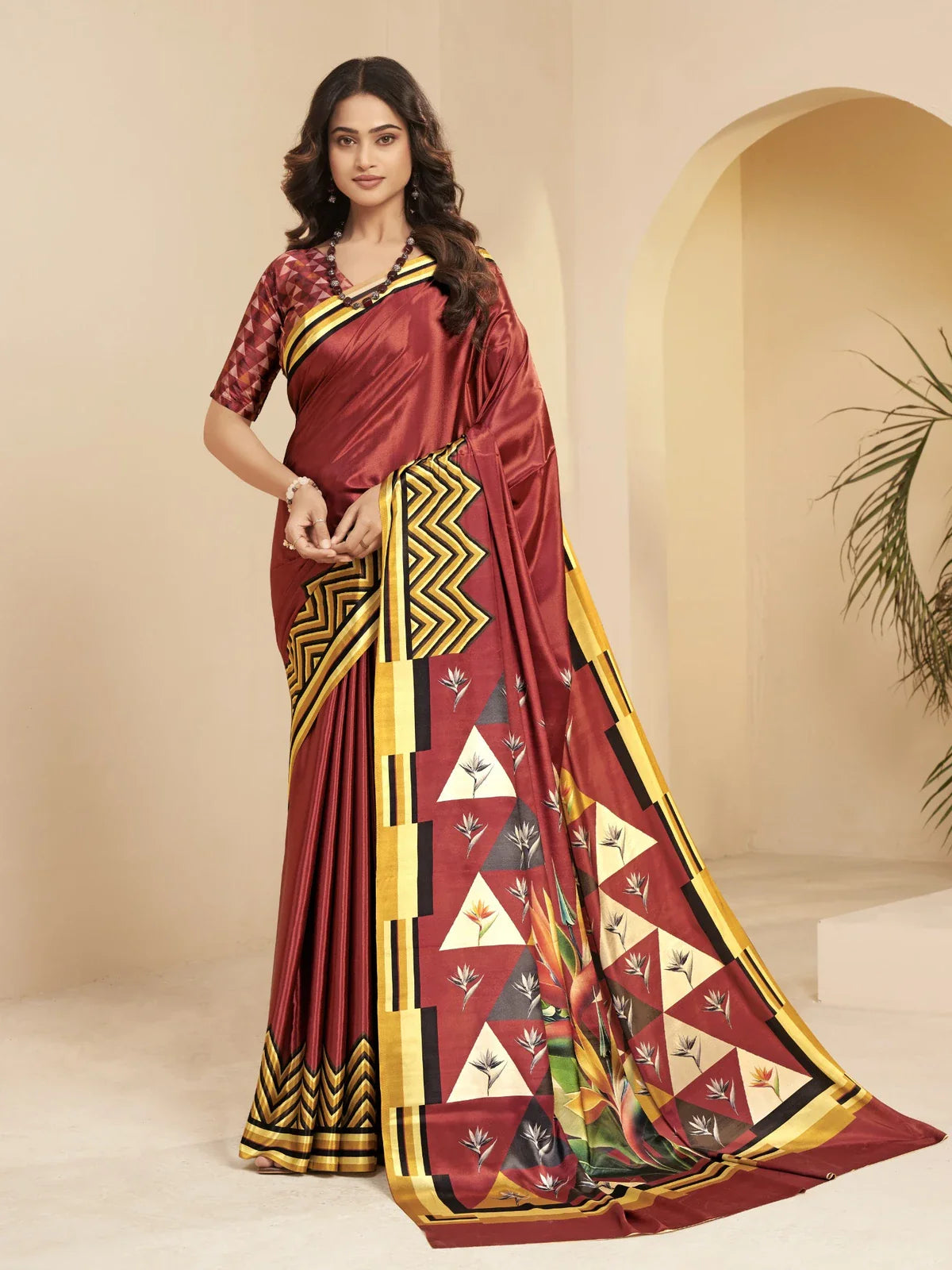 Tarani maroon malai crape soft silk saree with triangle floral digital print and designer blouse